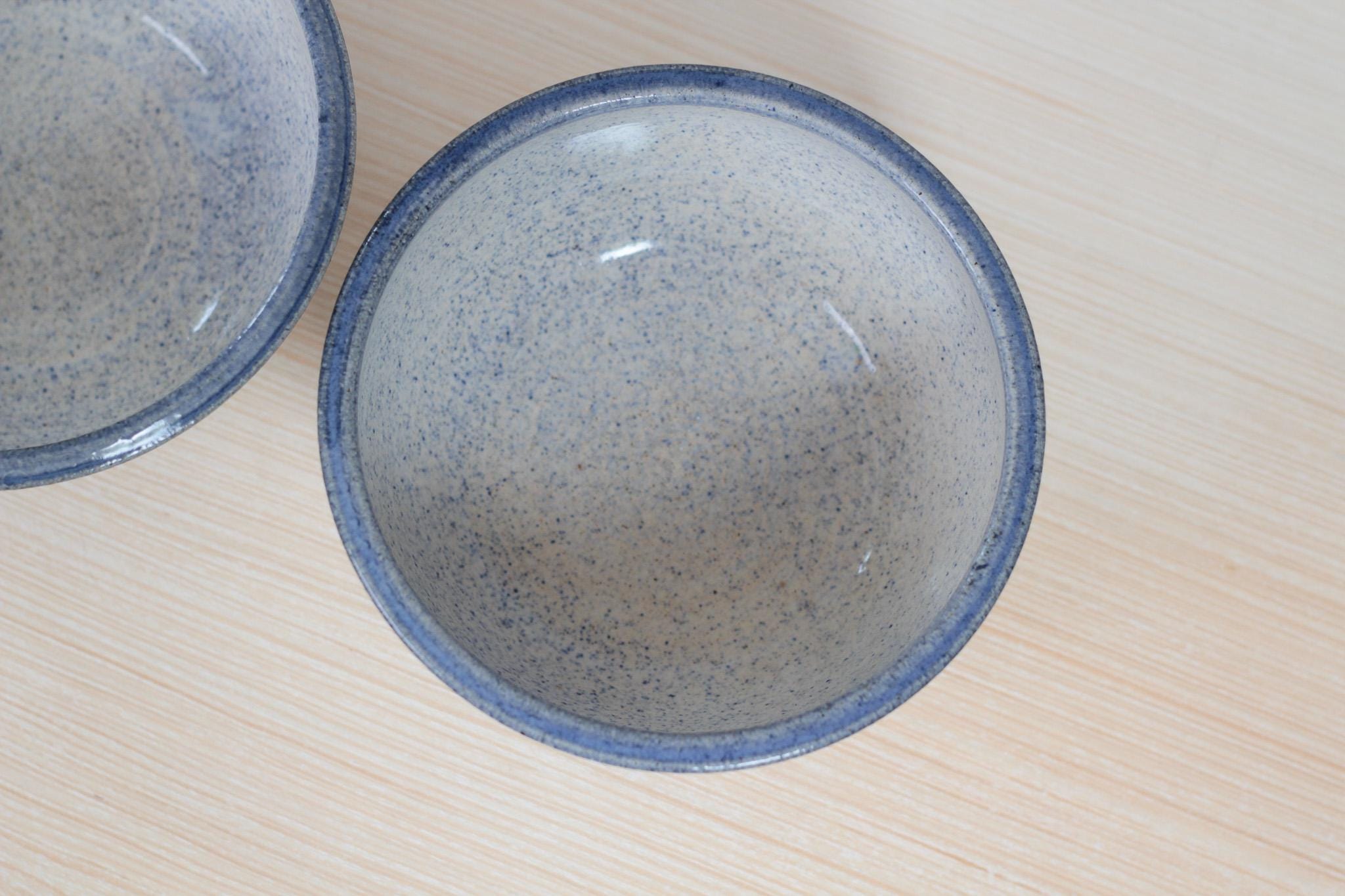 Pair of Vintage Blue Floral Studio Pottery Bowls, Signed by Artist