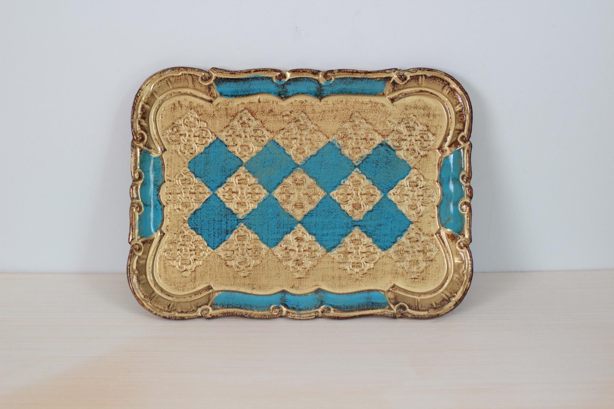 Vintage Italian Florentine Rectangle Tray in Turquoise & Gold