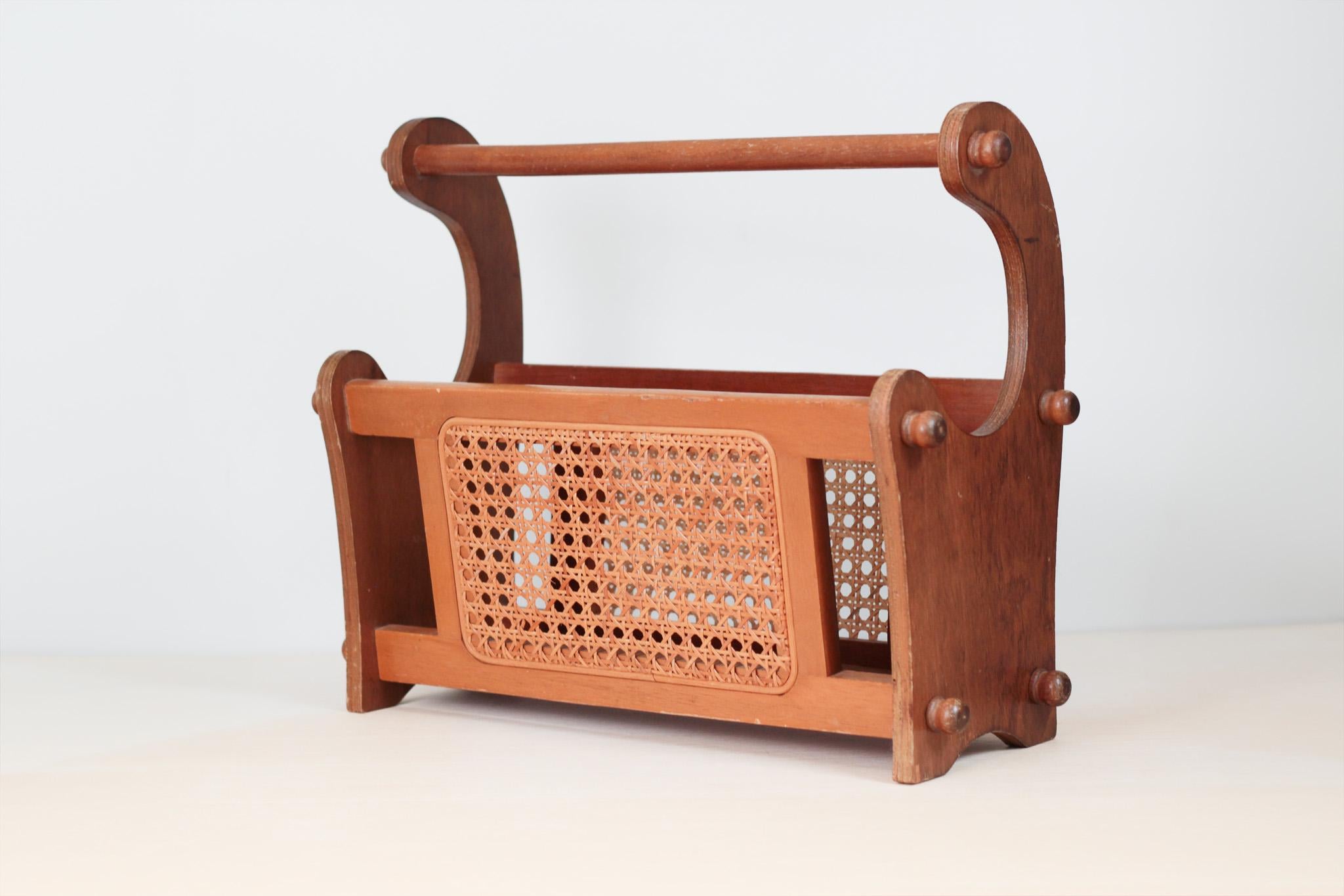 Vintage Wood and Cane Magazine Rack