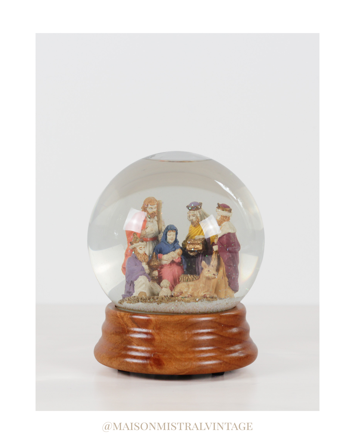 Vintage Nativity Musical Snow Globe on Wooden Base | Plays Silent Night