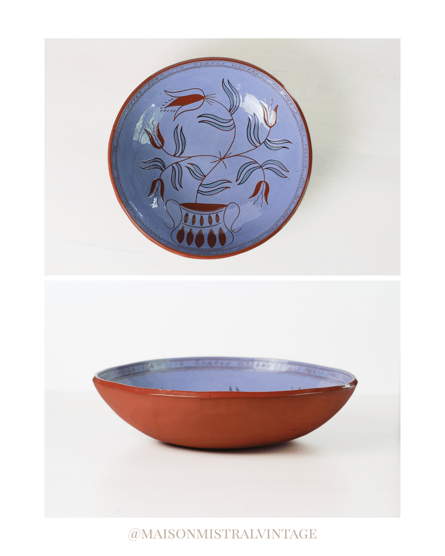 Vintage Redware Sgraffito Pottery Bowl Signed by Artist