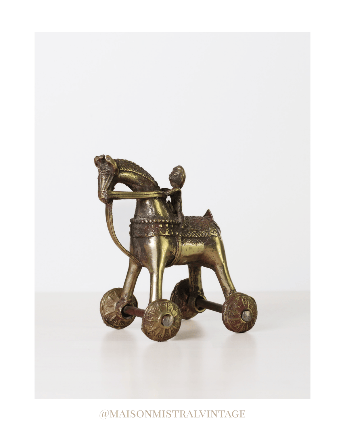 Antique Indian Brass Temple Horse on Wheels with Rider