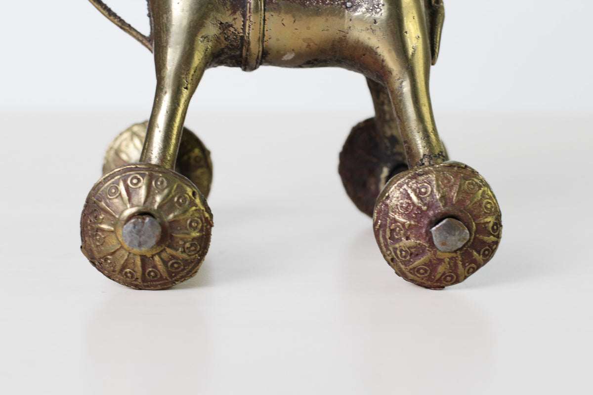 Antique Indian Brass Temple Horse on Wheels with Rider