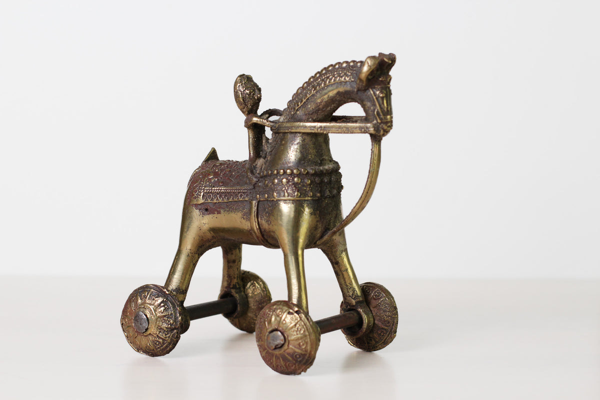 Antique Indian Brass Temple Horse on Wheels with Rider