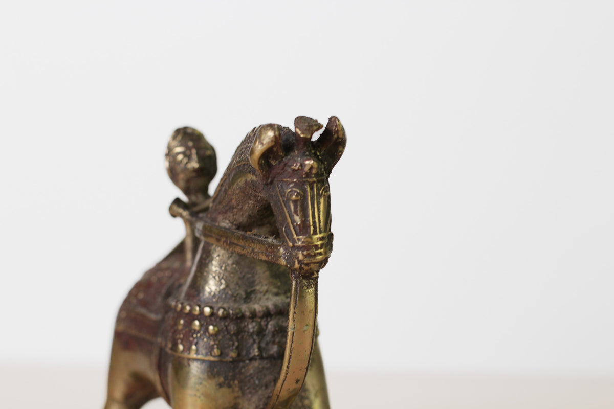 Antique Indian Brass Temple Horse on Wheels with Rider