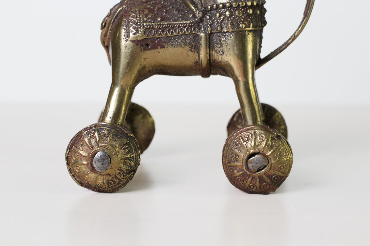 Antique Indian Brass Temple Horse on Wheels with Rider