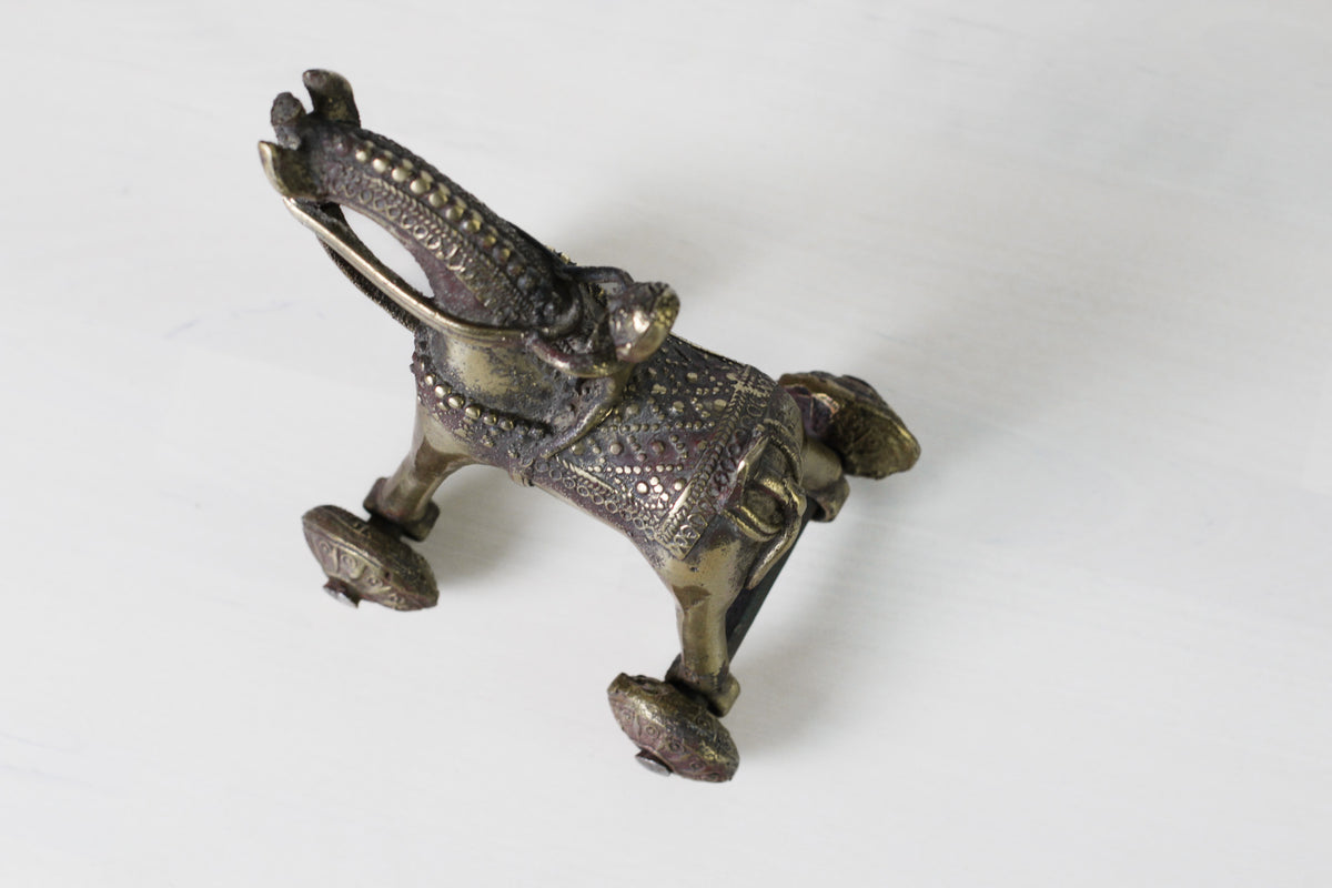 Antique Indian Brass Temple Horse on Wheels with Rider