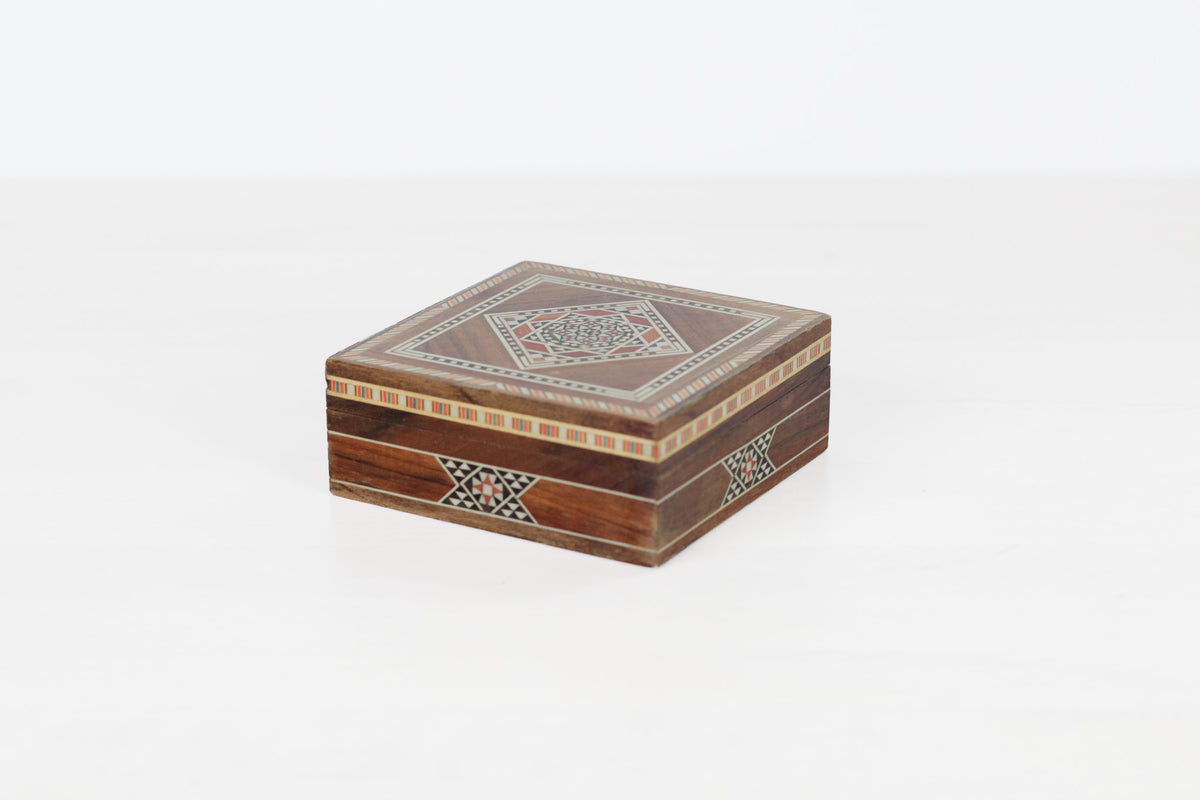Vintage Wooden Marquetry Inlay Box with Red Velvet Lining