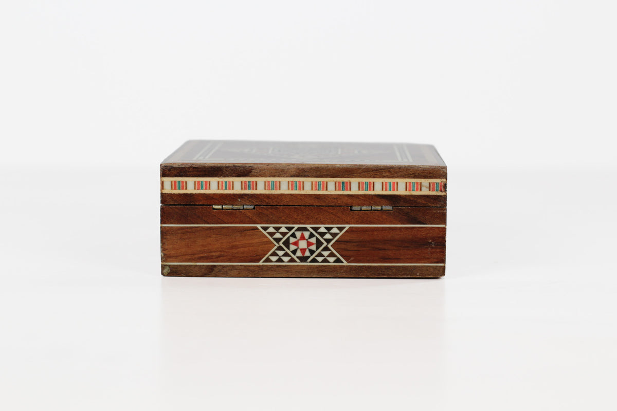 Vintage Wooden Marquetry Inlay Box with Red Velvet Lining