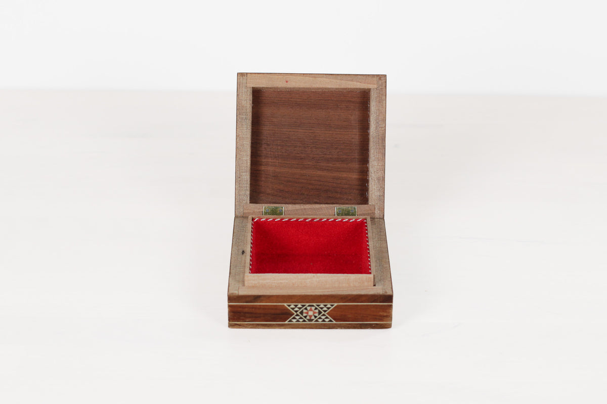 Vintage Wooden Marquetry Inlay Box with Red Velvet Lining
