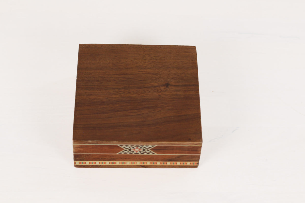 Vintage Wooden Marquetry Inlay Box with Red Velvet Lining