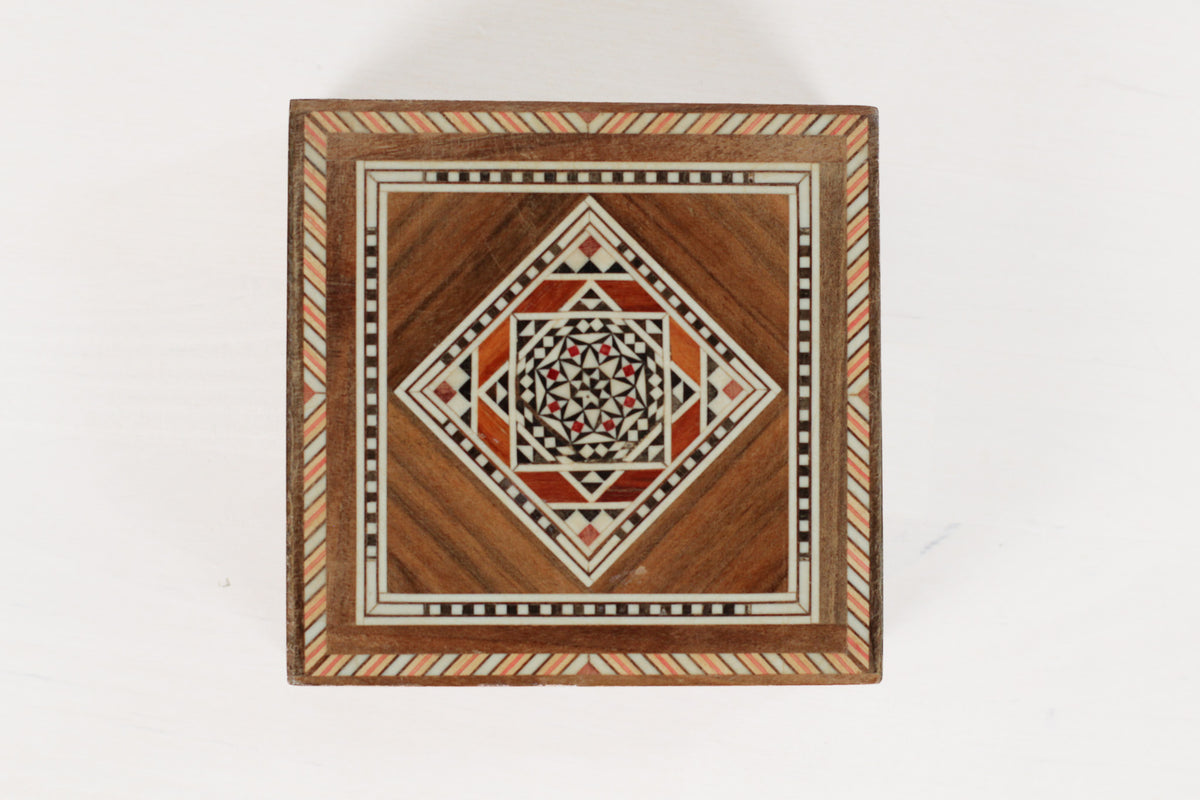 Vintage Wooden Marquetry Inlay Box with Red Velvet Lining