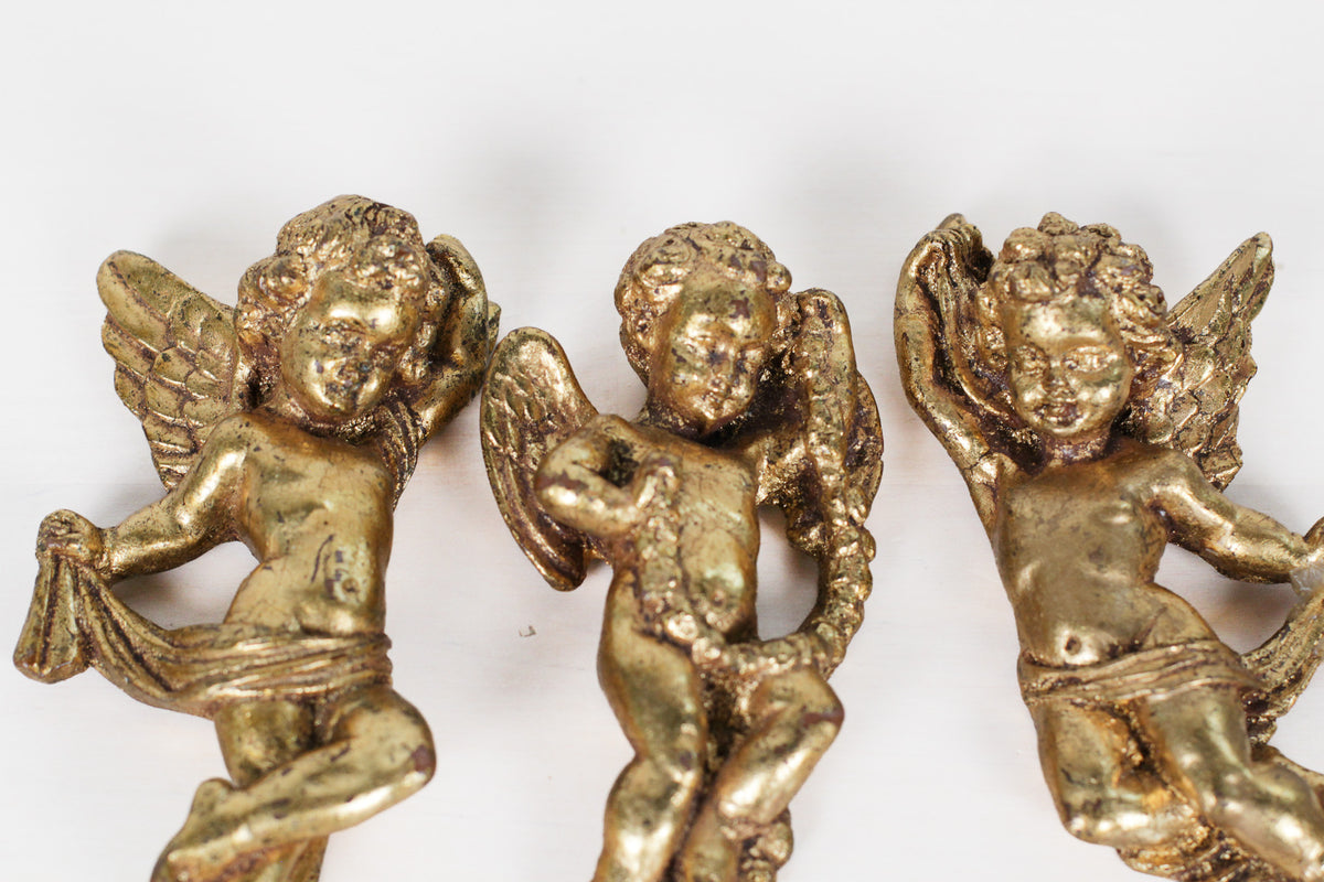 Vintage French Gold Leaf Cherub Wall Plaques, Set of 3