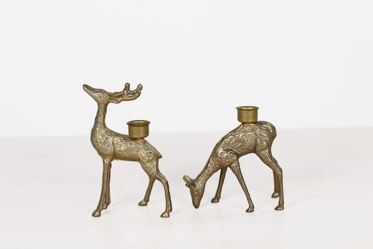 Vintage Brass Deer Candle Holders, Stag and Doe Pair