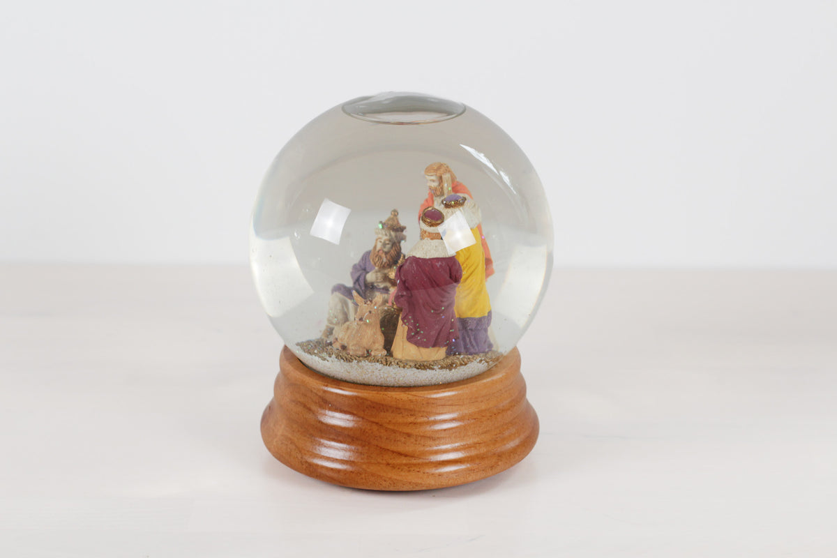 Vintage Nativity Musical Snow Globe on Wooden Base | Plays Silent Night