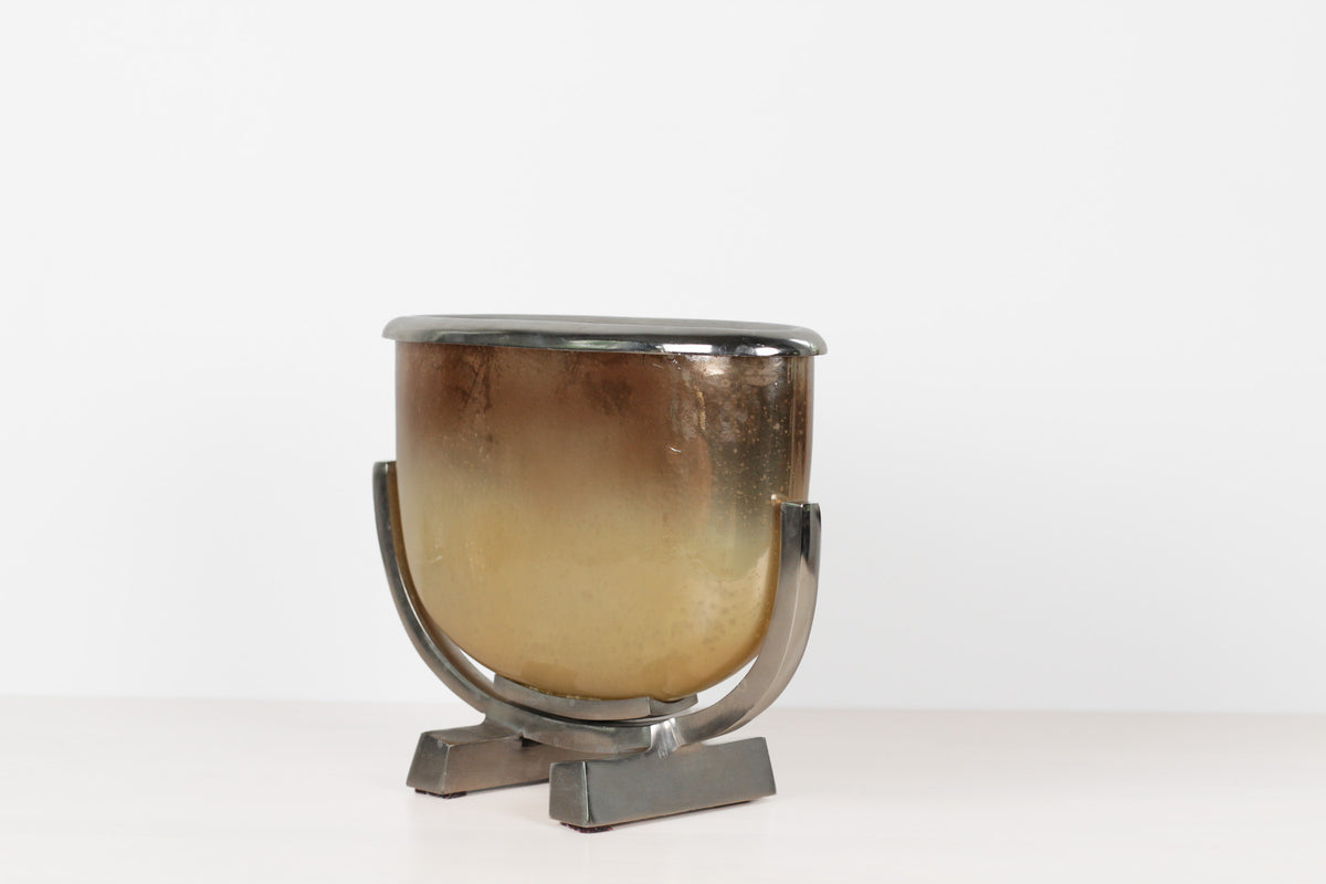 Vintage Modernist Smoked Gold Glass and Chrome Jardinière