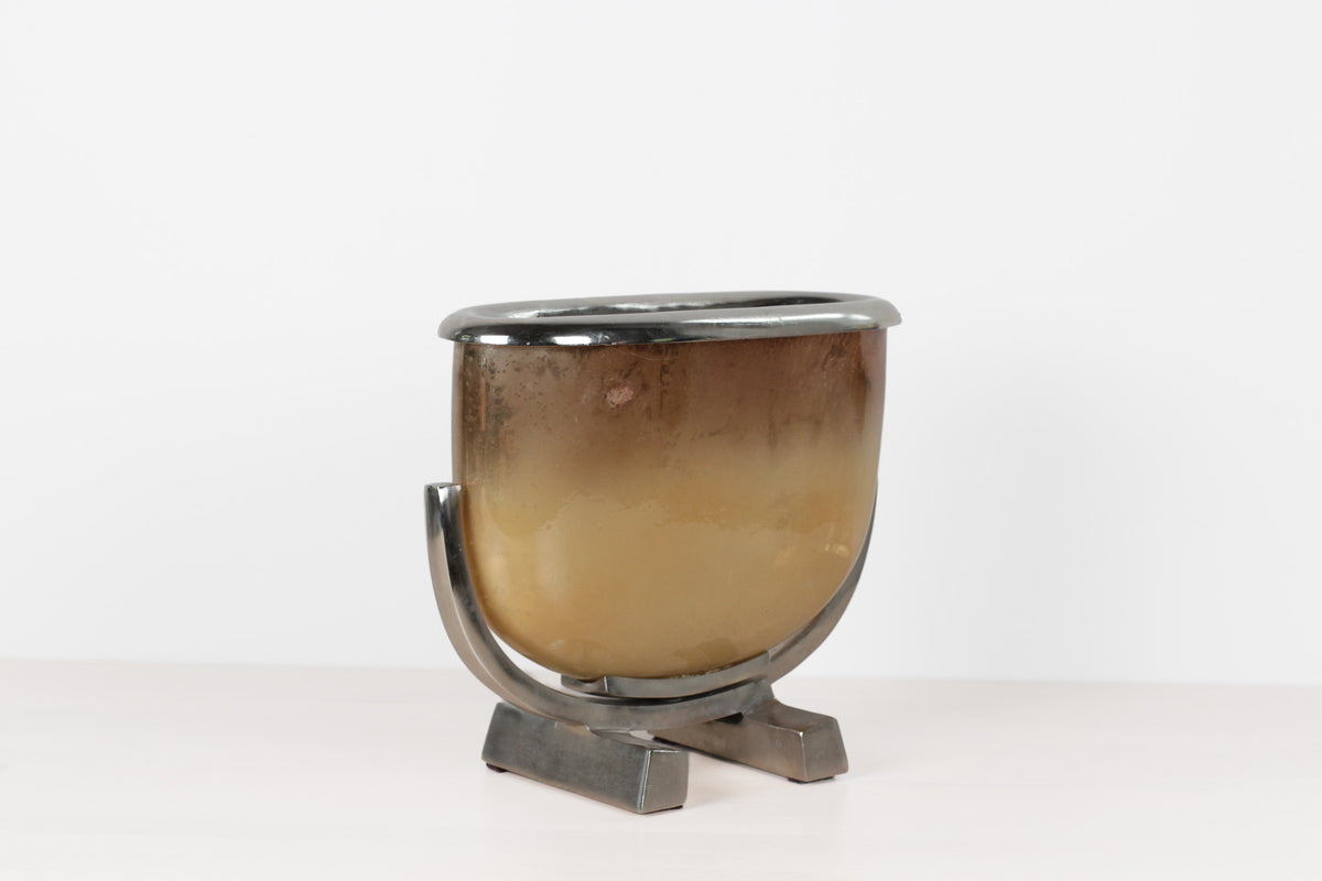 Vintage Modernist Smoked Gold Glass and Chrome Jardinière