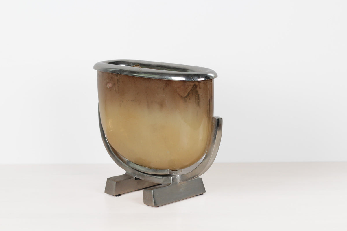 Vintage Modernist Smoked Gold Glass and Chrome Jardinière