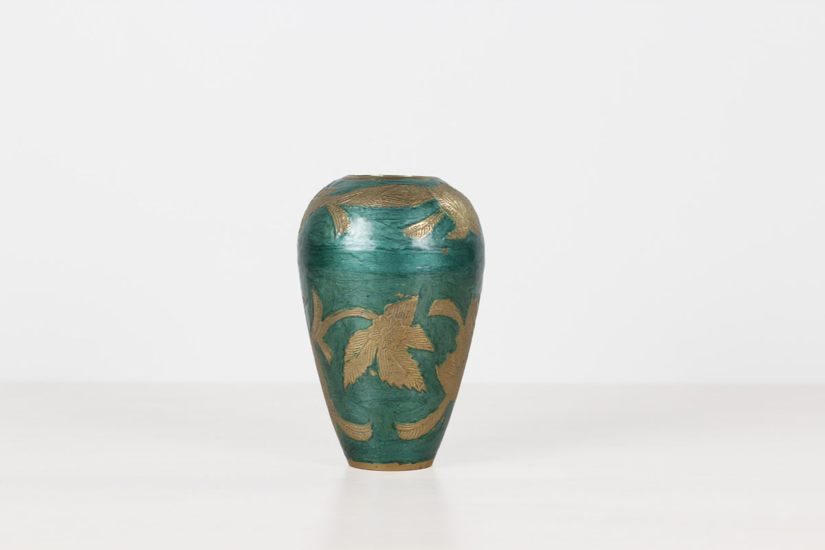 Vintage Green Enameled Brass Vase