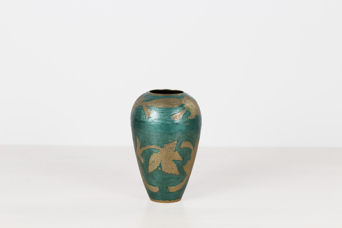 Vintage Green Enameled Brass Vase
