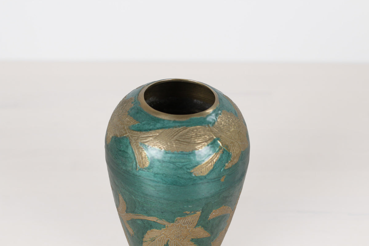 Vintage Green Enameled Brass Vase