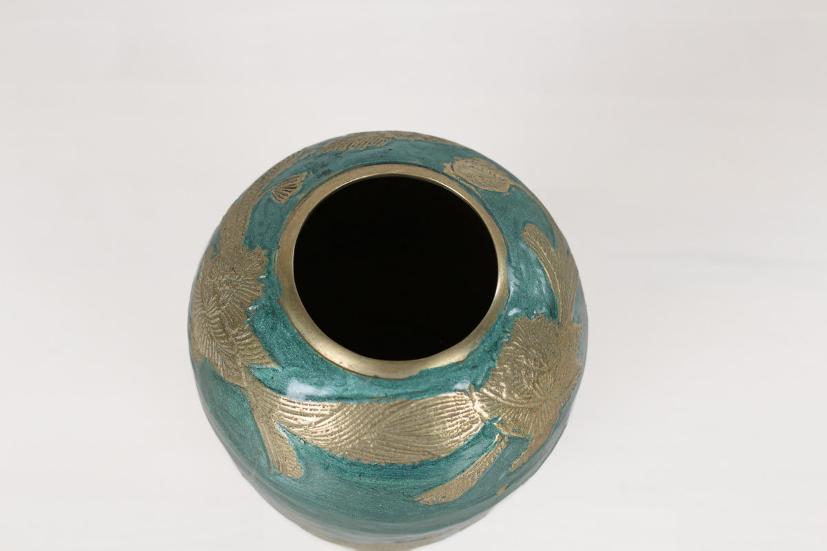 Vintage Green Enameled Brass Vase