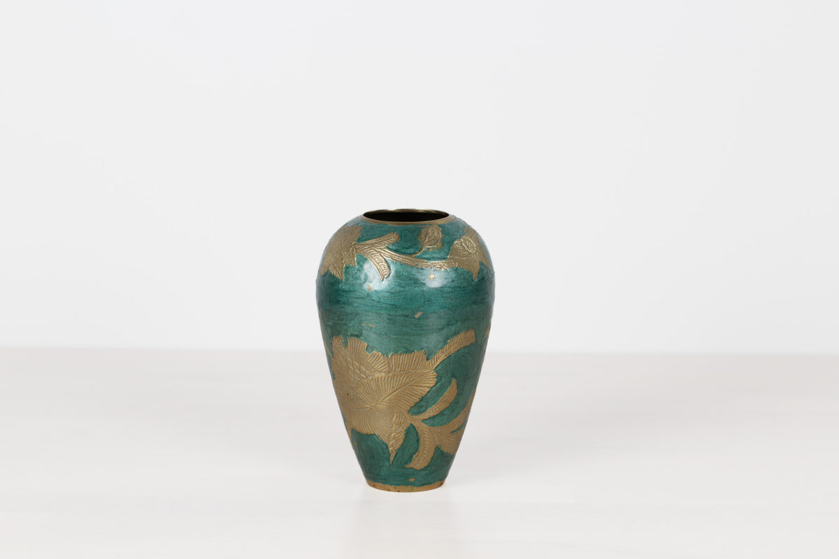 Vintage Green Enameled Brass Vase