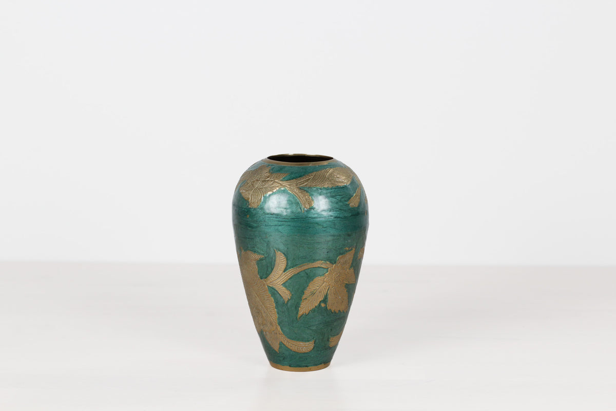 Vintage Green Enameled Brass Vase