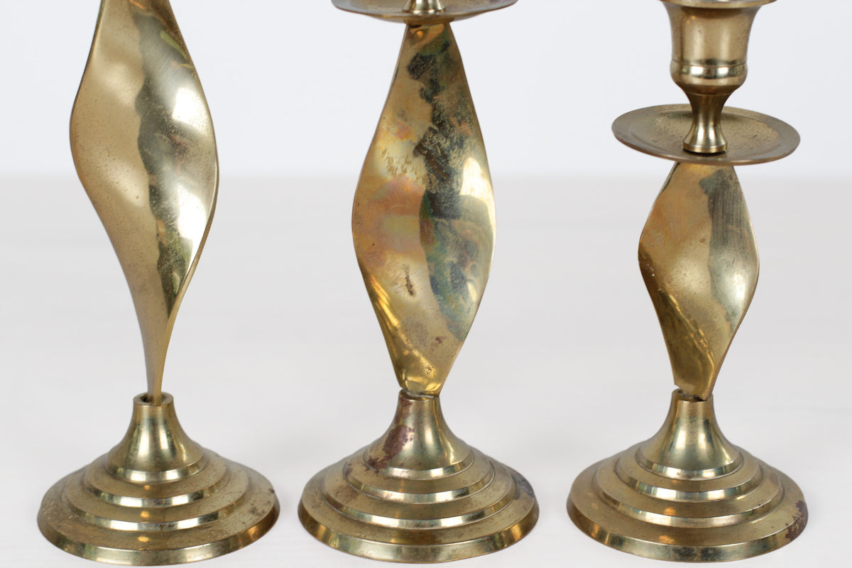 Vintage Twisted Brass Candlestick Holders, Set of 3
