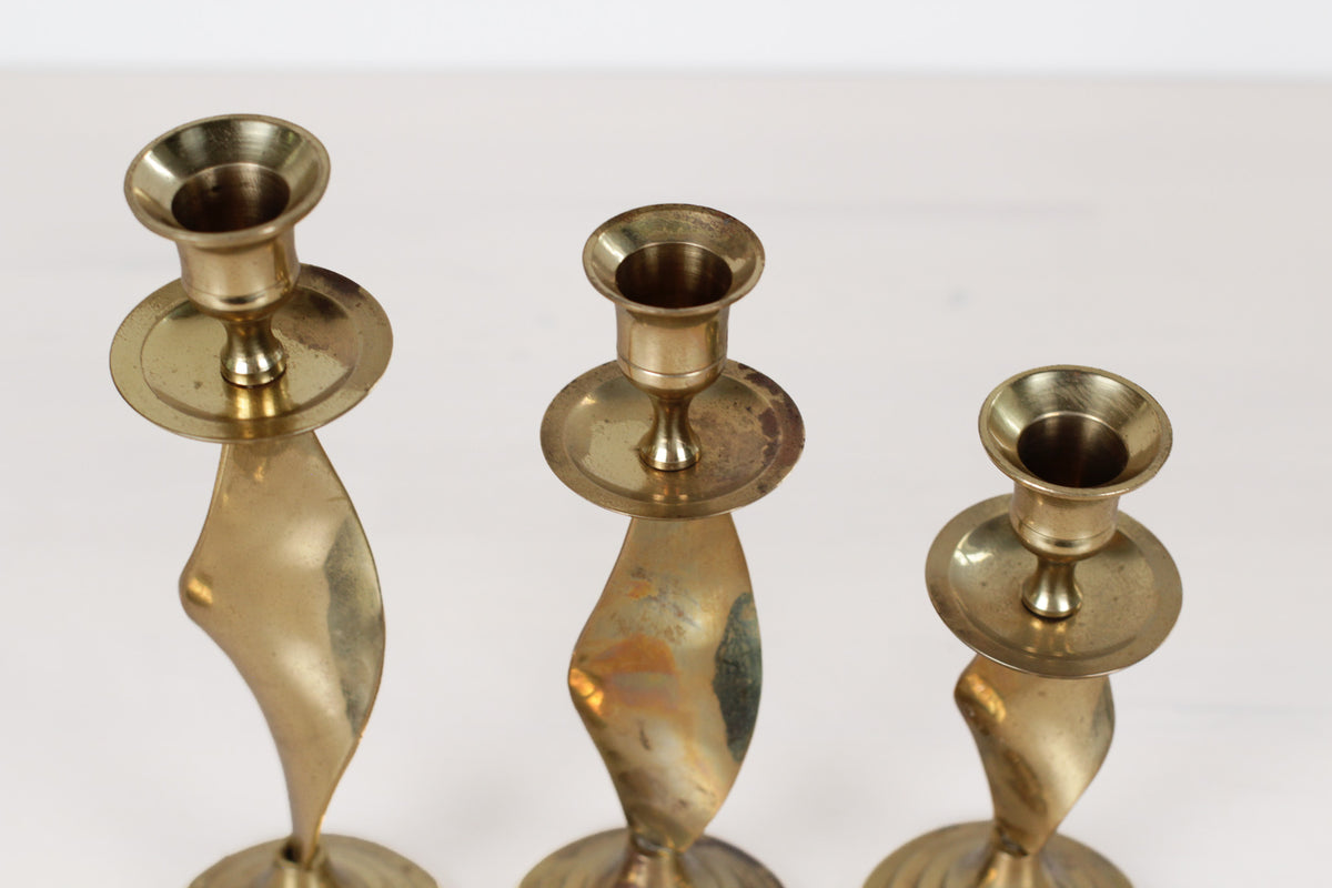 Vintage Twisted Brass Candlestick Holders, Set of 3