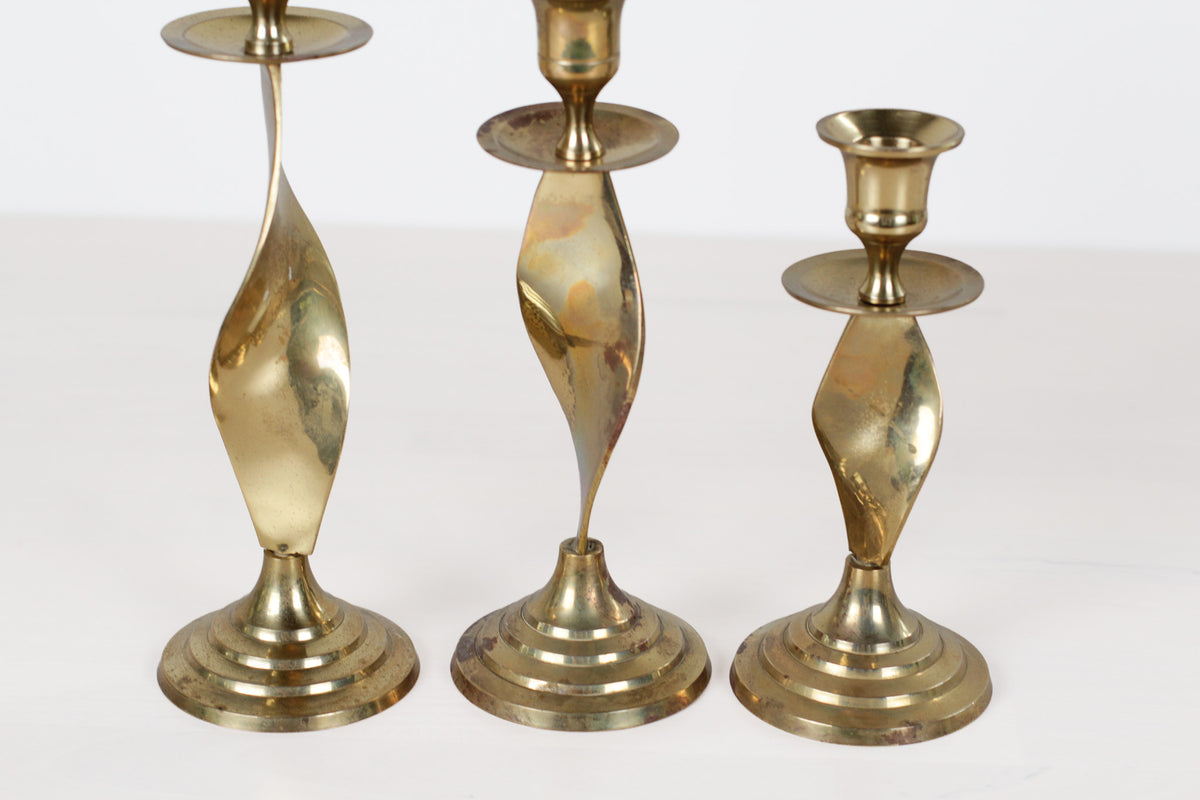 Vintage Twisted Brass Candlestick Holders, Set of 3