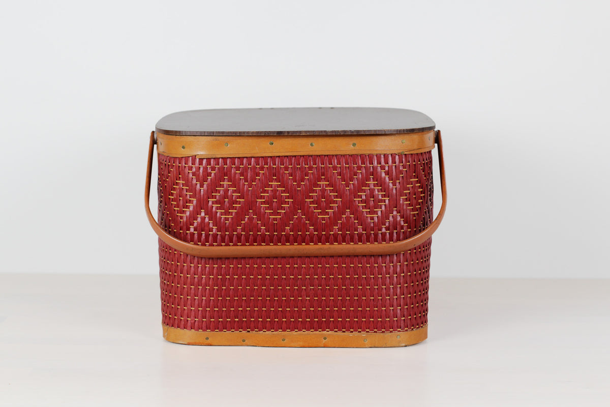 Vintage Mid-Century Red Woven Picnic Basket