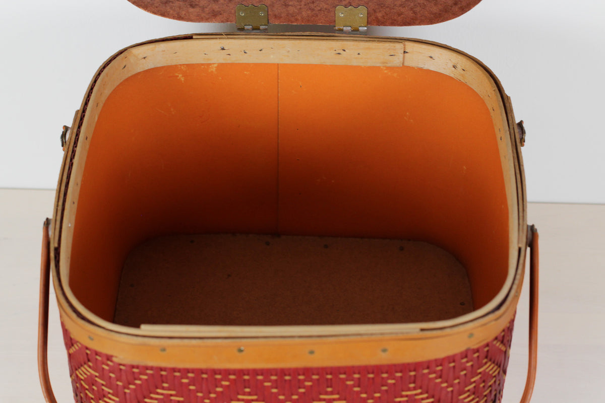 Vintage Mid-Century Red Woven Picnic Basket