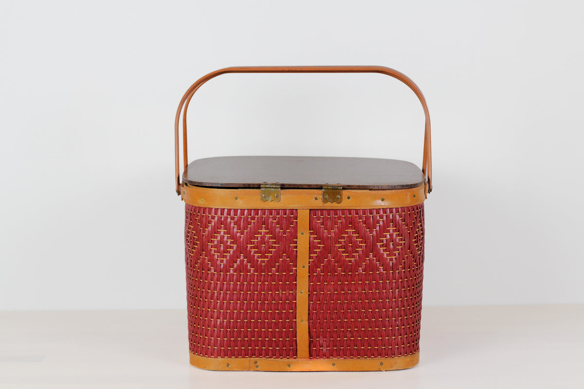 Vintage Mid-Century Red Woven Picnic Basket