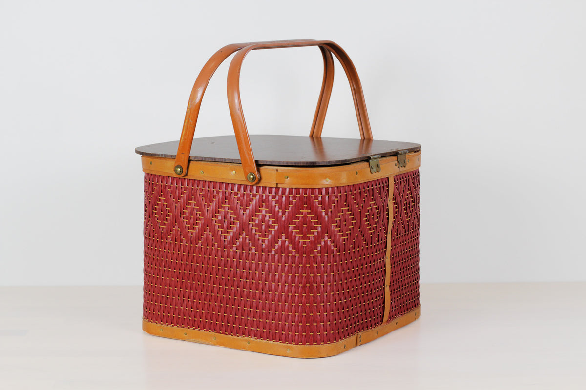 Vintage Mid-Century Red Woven Picnic Basket