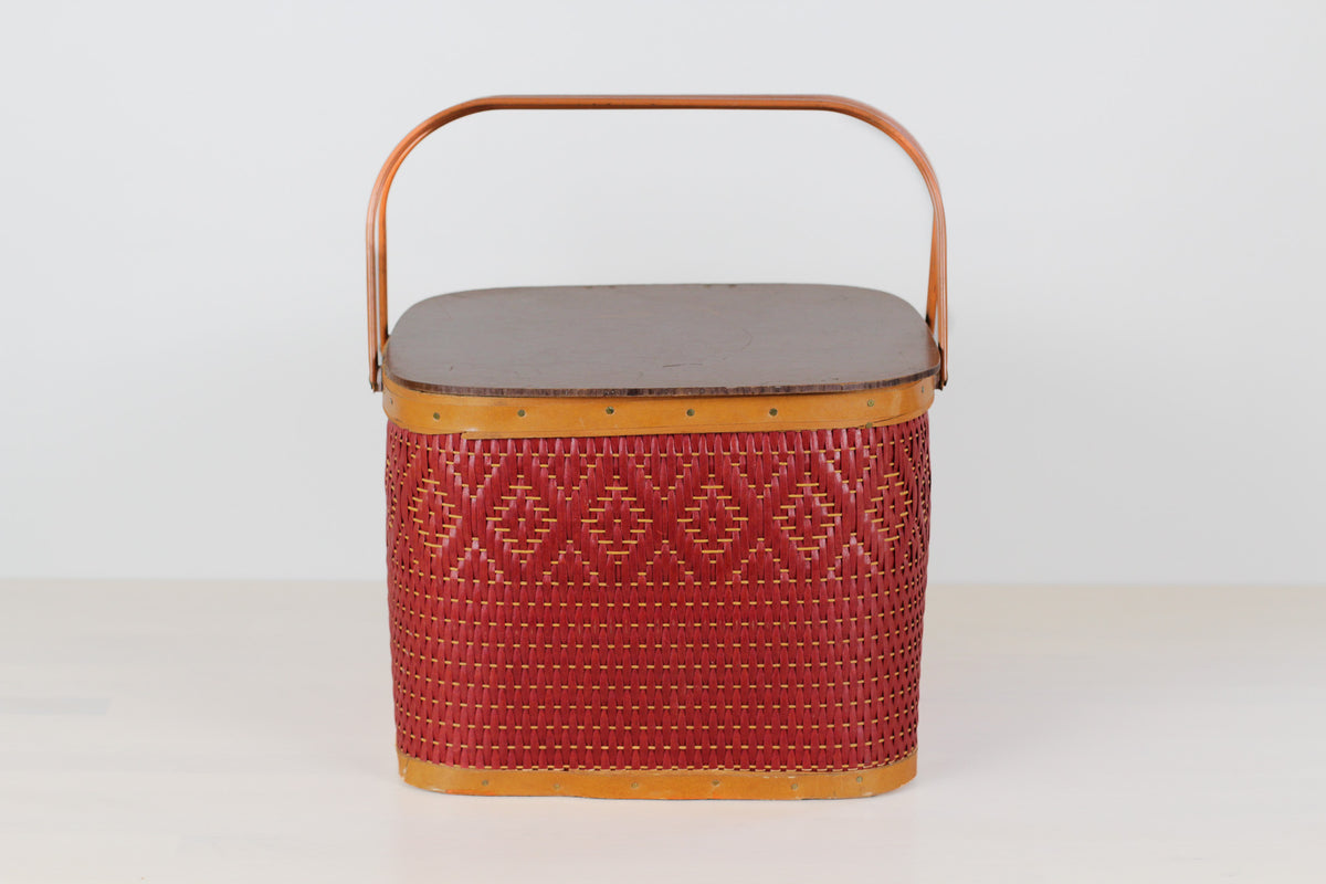 Vintage Mid-Century Red Woven Picnic Basket