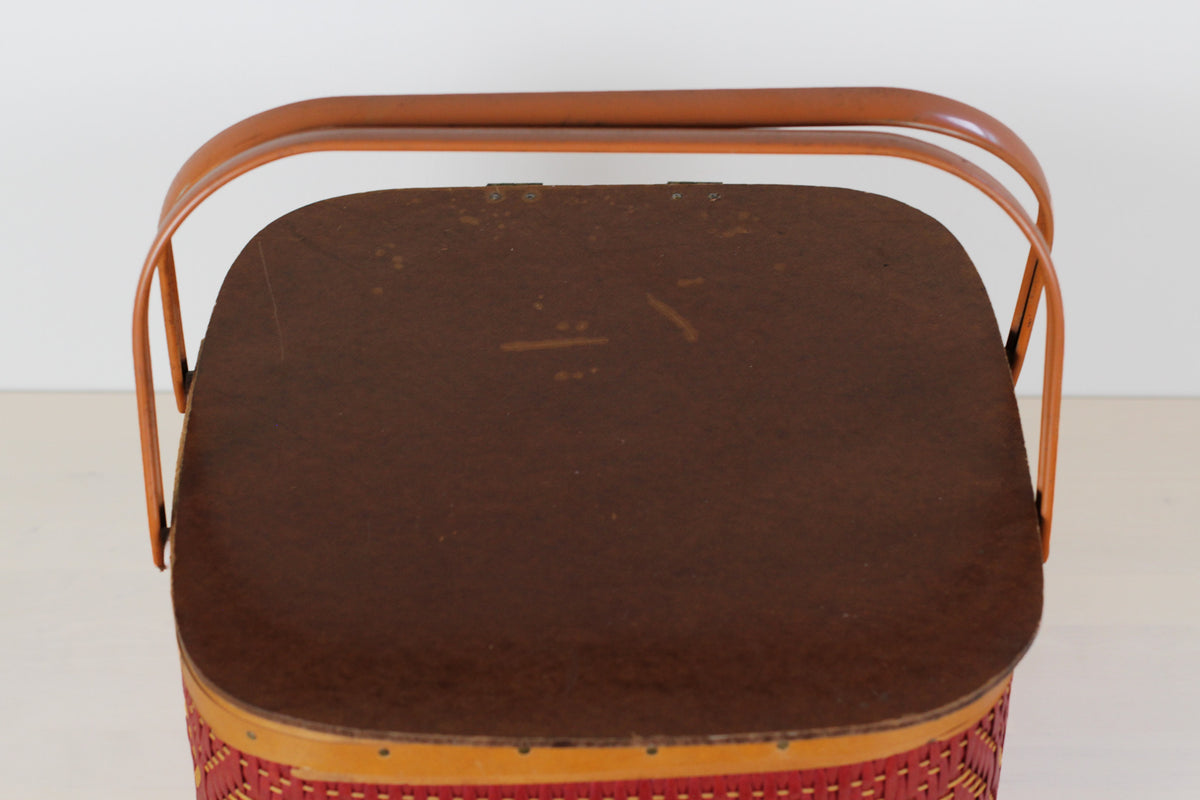 Vintage Mid-Century Red Woven Picnic Basket