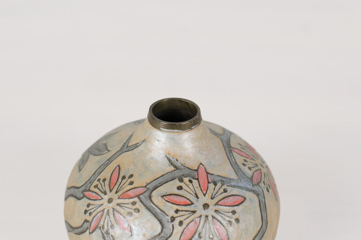 Vintage Floral Enameled Brass Bud Vase