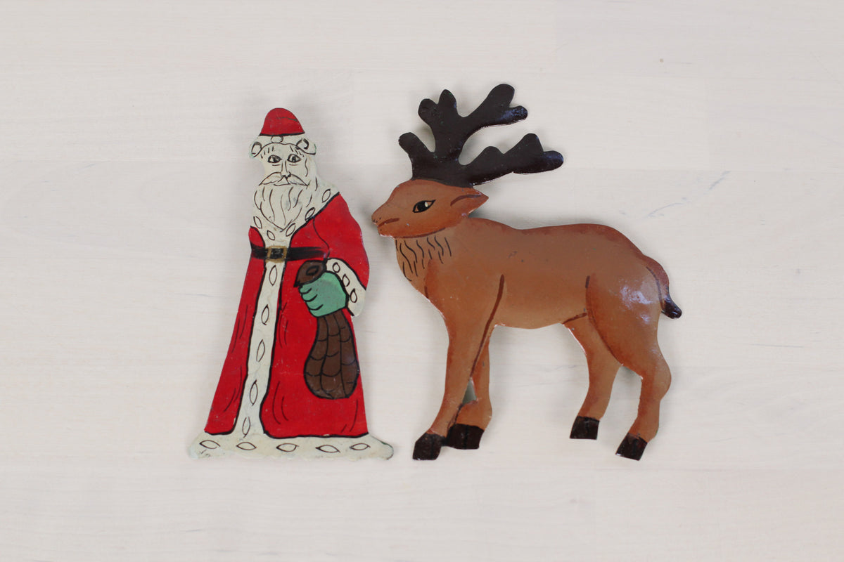 Vintage Set of Hand-Painted Metal Santa & Reindeer Christmas Ornaments