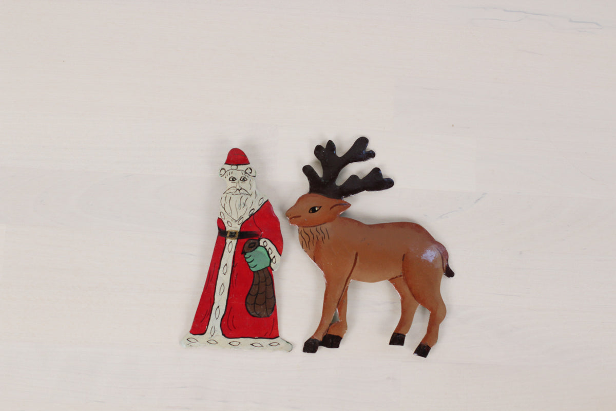Vintage Set of Hand-Painted Metal Santa & Reindeer Christmas Ornaments