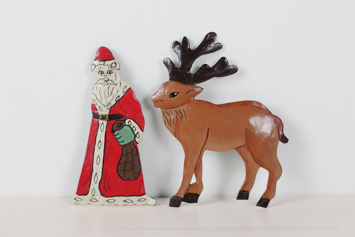 Vintage Set of Hand-Painted Metal Santa & Reindeer Christmas Ornaments