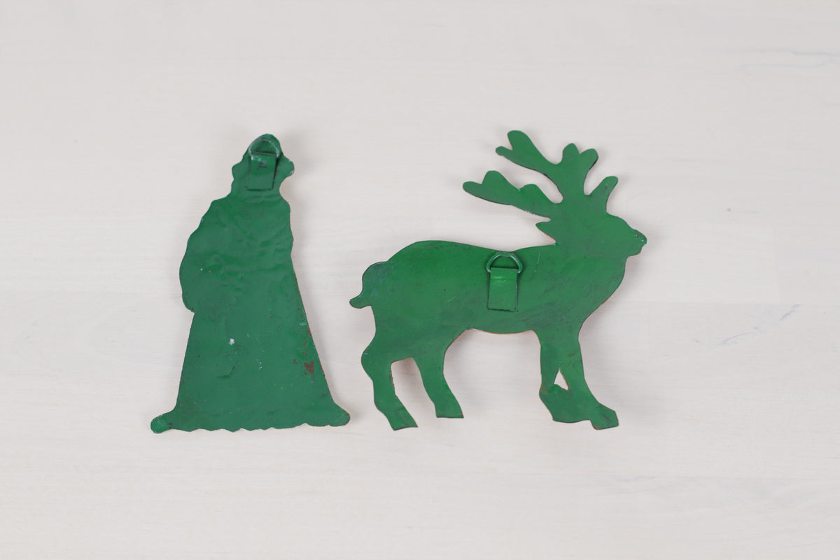 Vintage Set of Hand-Painted Metal Santa & Reindeer Christmas Ornaments