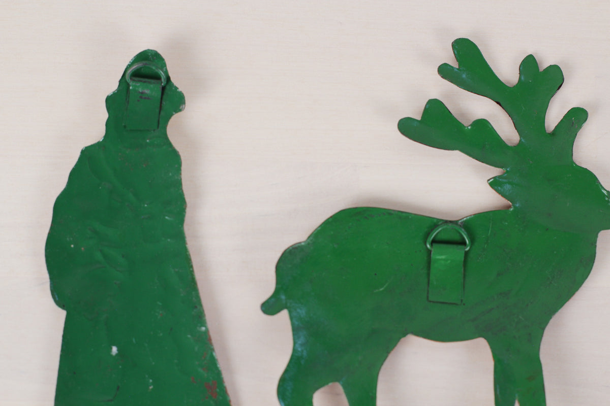 Vintage Set of Hand-Painted Metal Santa & Reindeer Christmas Ornaments