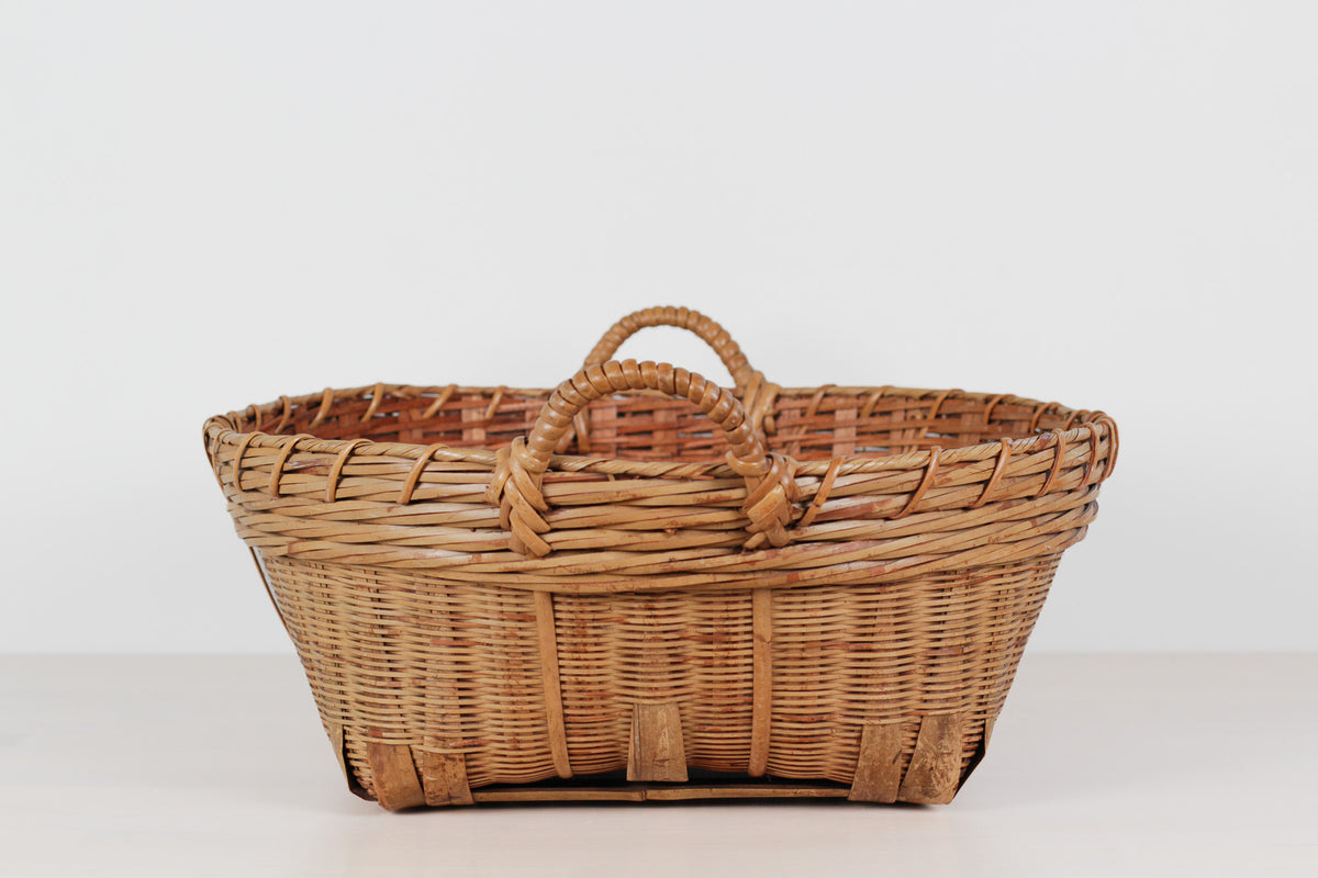 Vintage Large Bamboo & Rattan Woven Basket with Handles