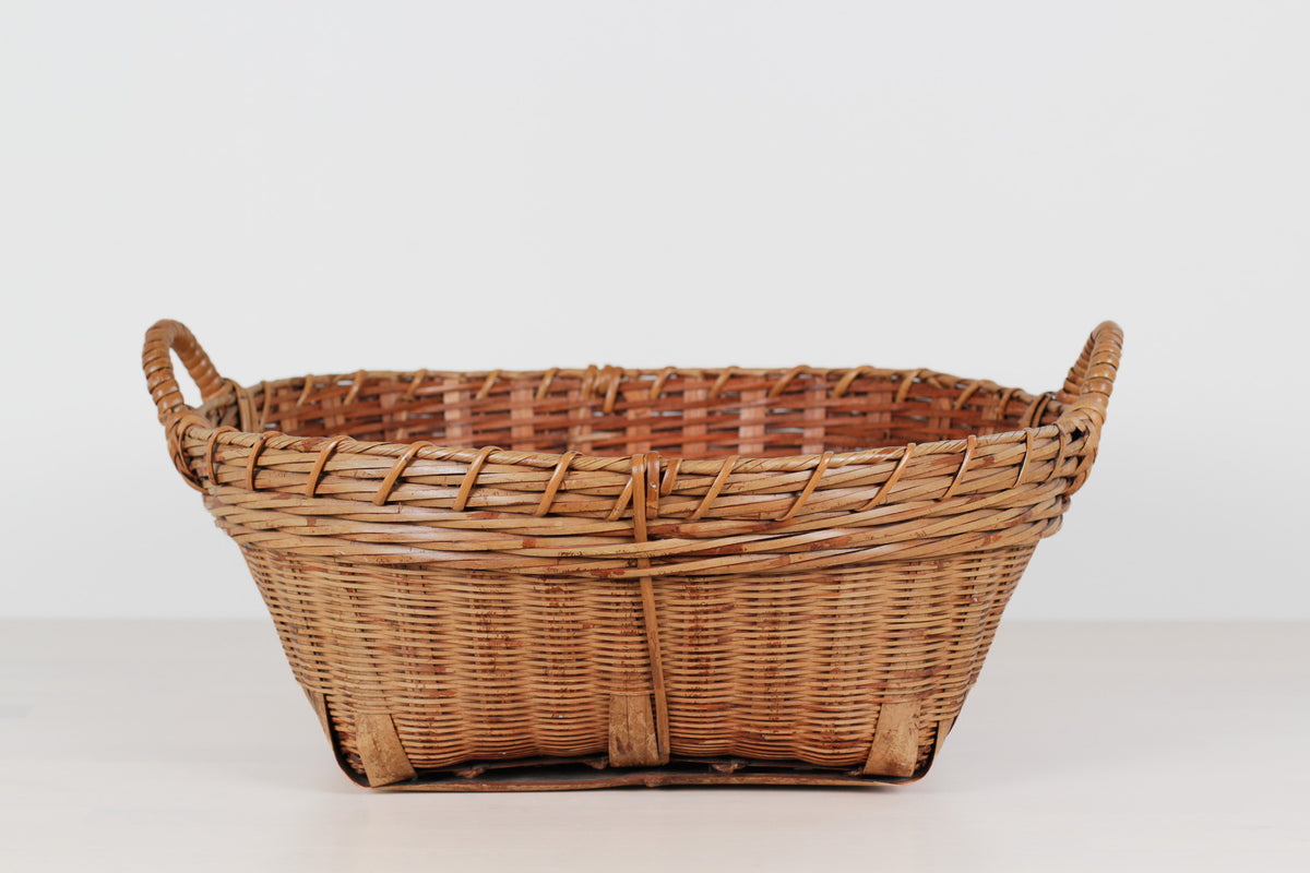 Vintage Large Bamboo & Rattan Woven Basket with Handles