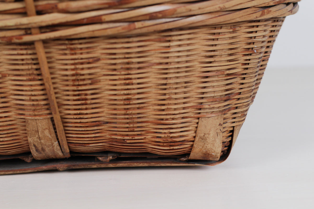 Vintage Large Bamboo & Rattan Woven Basket with Handles