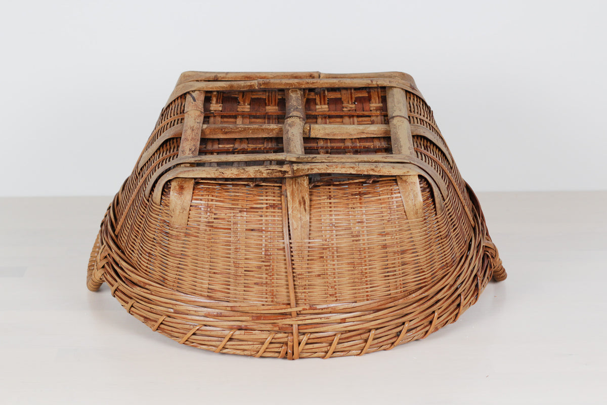 Vintage Large Bamboo & Rattan Woven Basket with Handles
