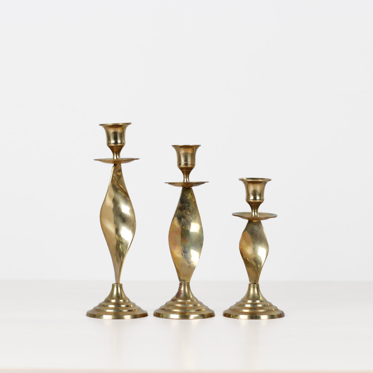 Vintage Twisted Brass Candlestick Holders, Set of 3