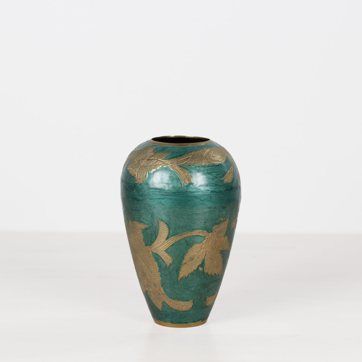 Vintage Green Enameled Brass Vase