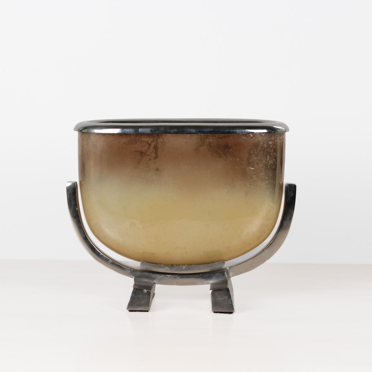 Vintage Modernist Smoked Gold Glass and Chrome Jardinière